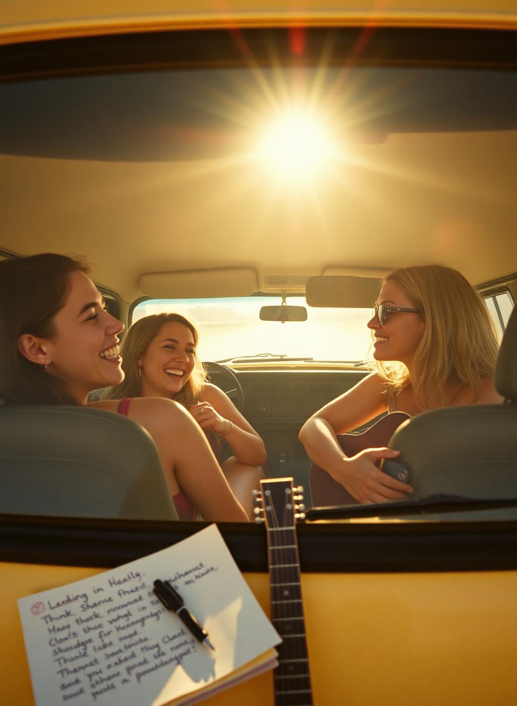 Friends laughing inside the van on a road trip