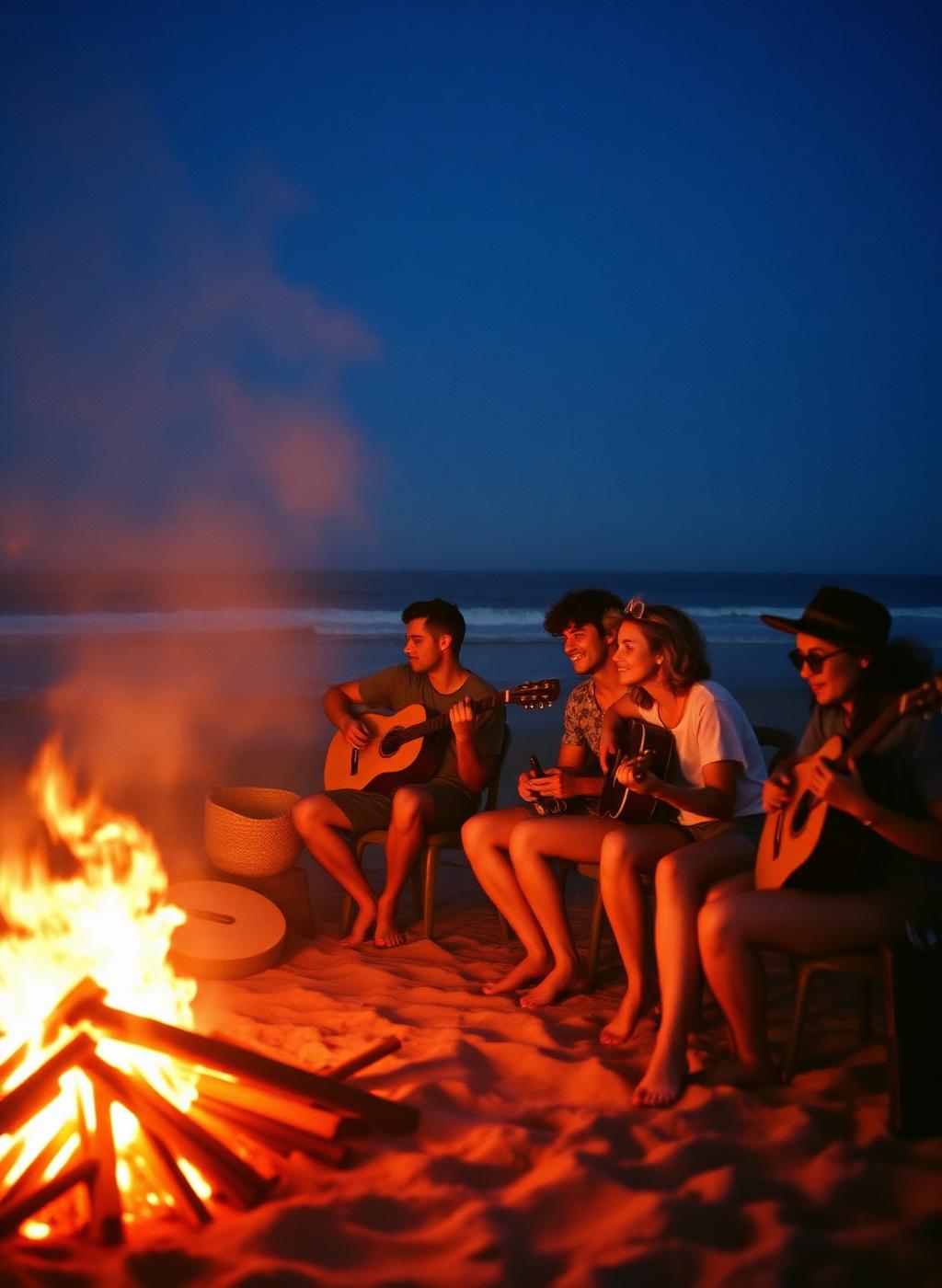 Beach bonfire with acoustic guitars at dusk