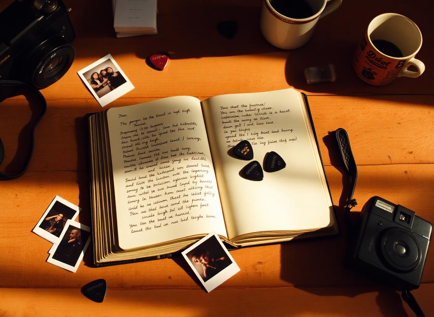 Open journal, polaroids, and guitar picks on a wooden table